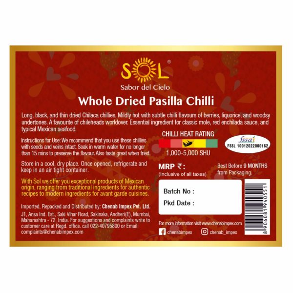 Sol Whole Dried Pasilla Chillies with stem (60g)back