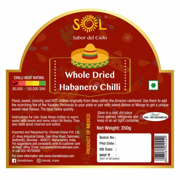 Sol Whole Dried Habanero Chillies with stem (350g) - Image 3