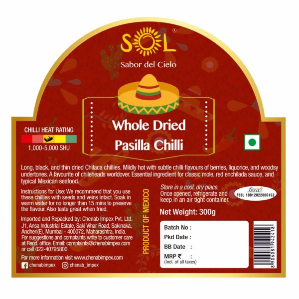 Sol Whole Dried Pasilla Chillies with stem (300g) - Image 3