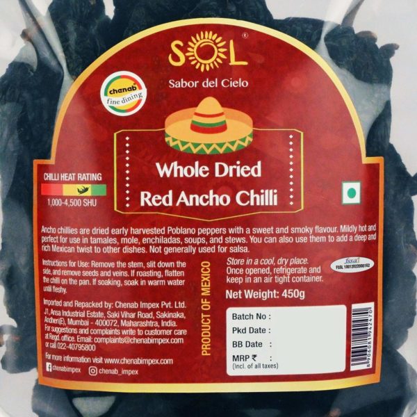 Sol Whole Dried Red Ancho Chillies with stem (450g) - Image 3