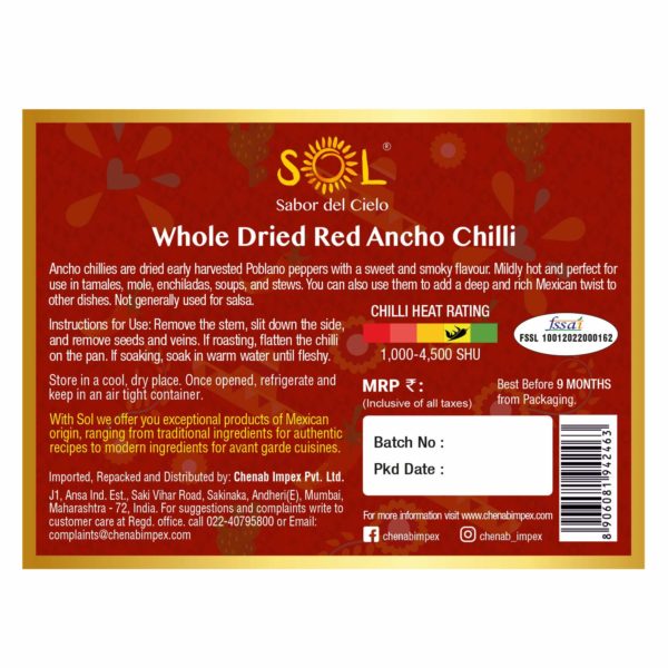 Sol Whole Dried Red Ancho Chillies with stem (50g) - Image 4
