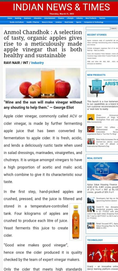 Indian News and Times article Apple cider vinegar