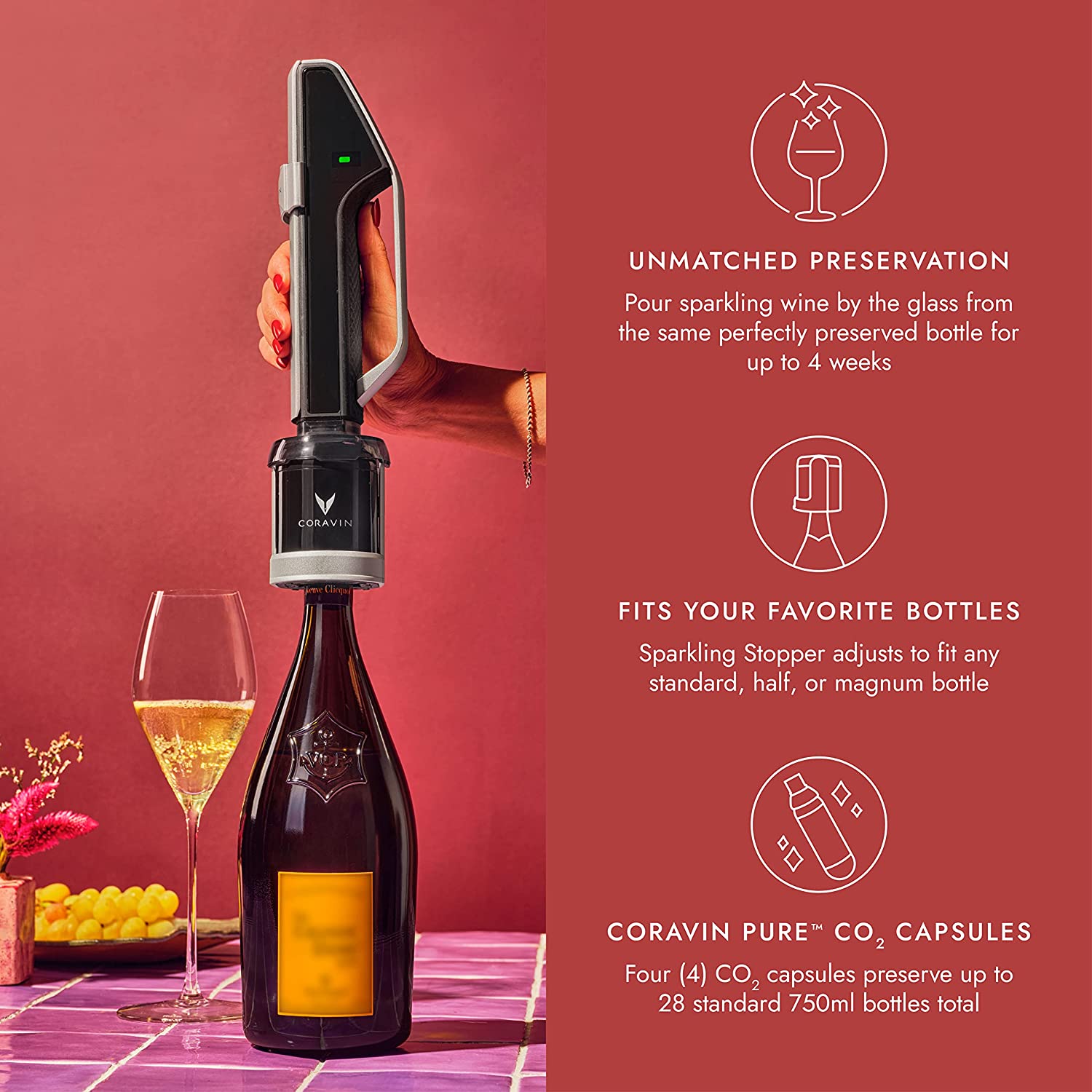 Coravin Sparkling Wine Preservation System(Contain: Coravin Sparkling Charger, Sparkling Stoppers 2, Pure Sparkling CO2 Capsules 4, Bottle Bags 2)