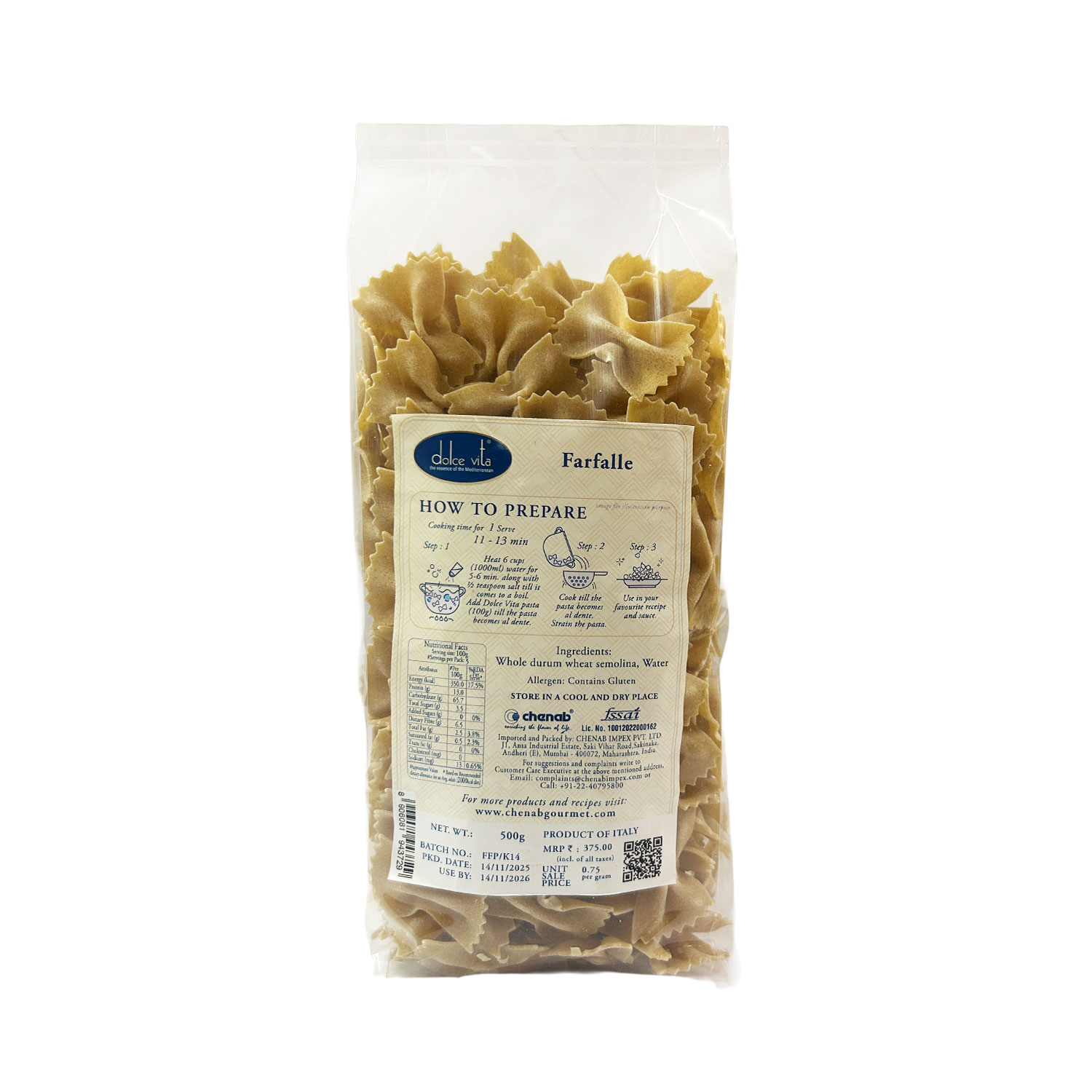 Dolce Vita Farfalle Whole Durum Wheat Pasta 500g
