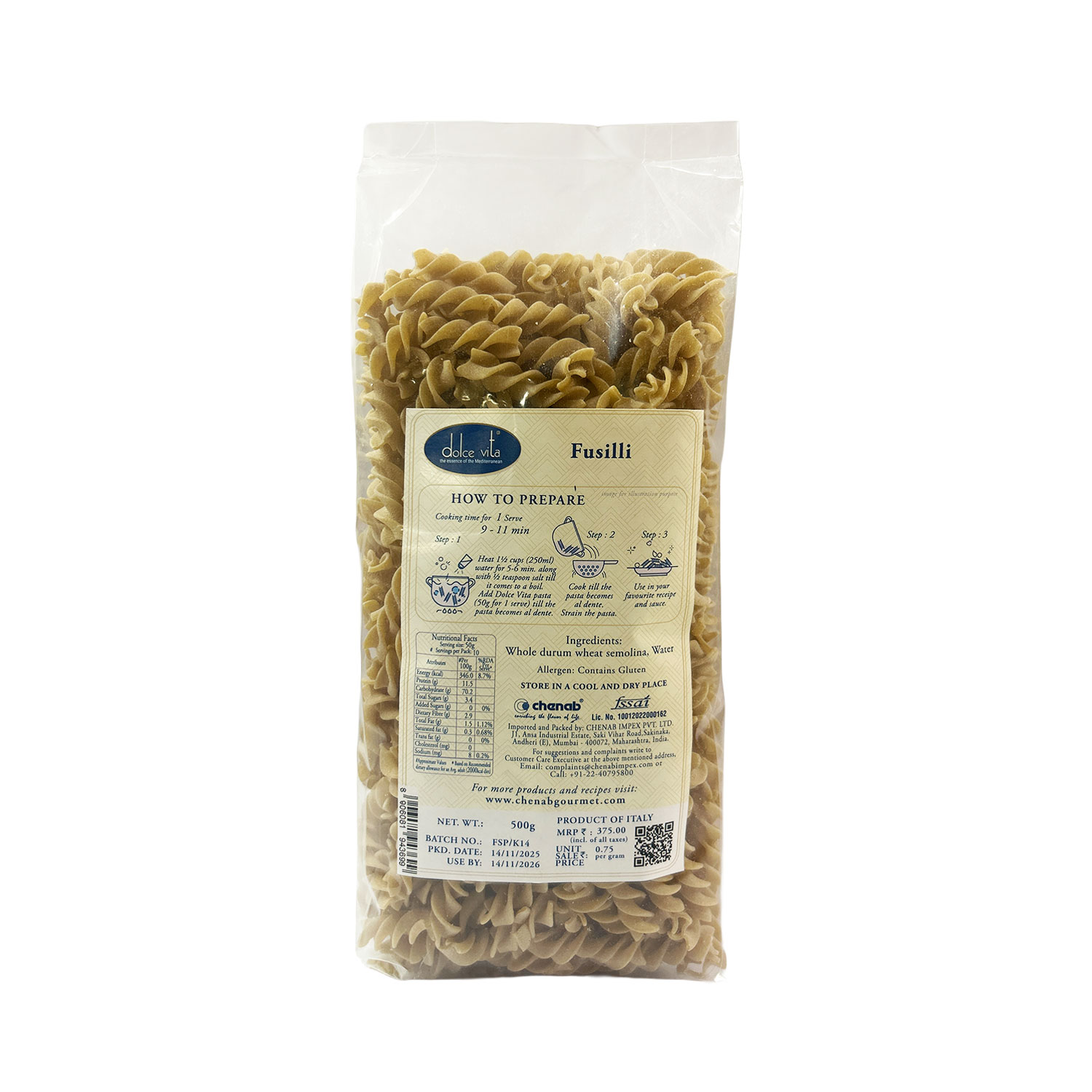 Dolce Vita Fusilli Whole Durum Wheat Pasta 500g