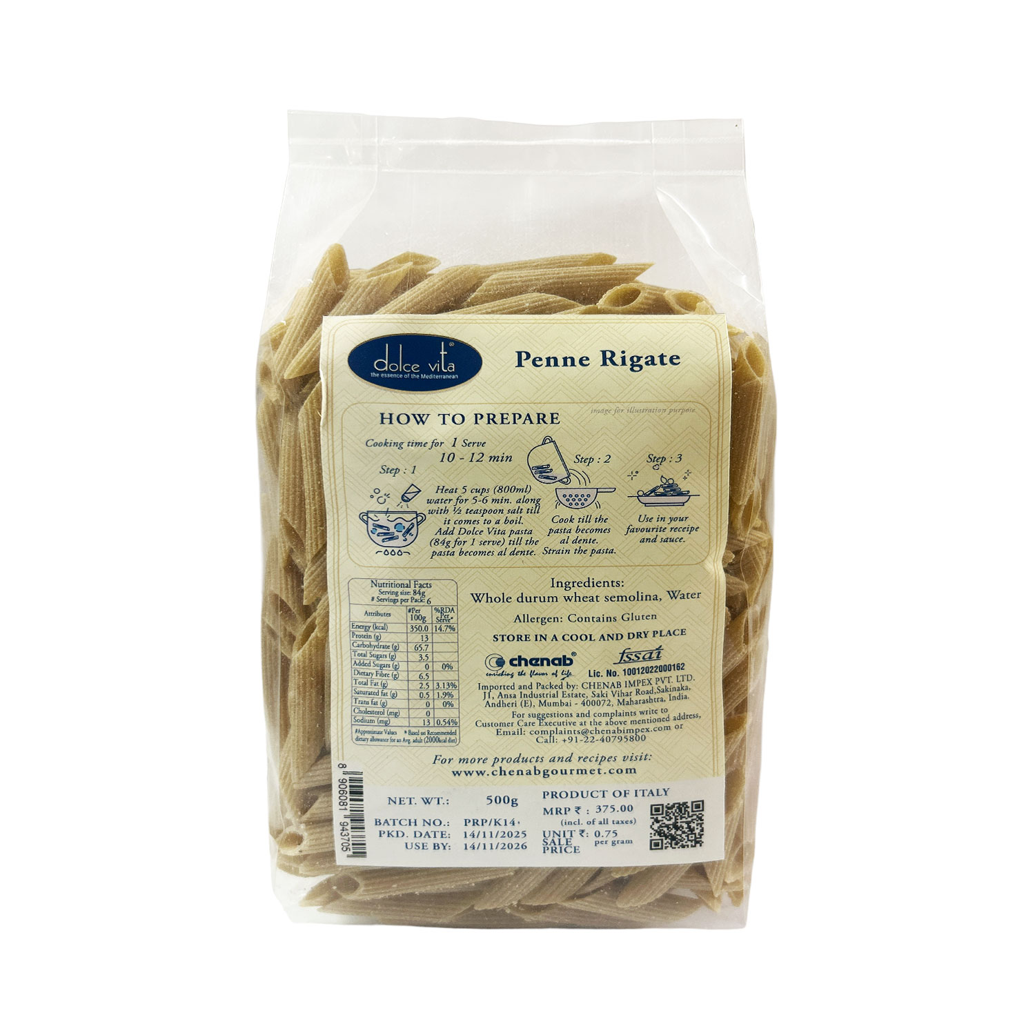 Dolce Vita Penne Rigate Whole Durum Wheat Pasta 500g