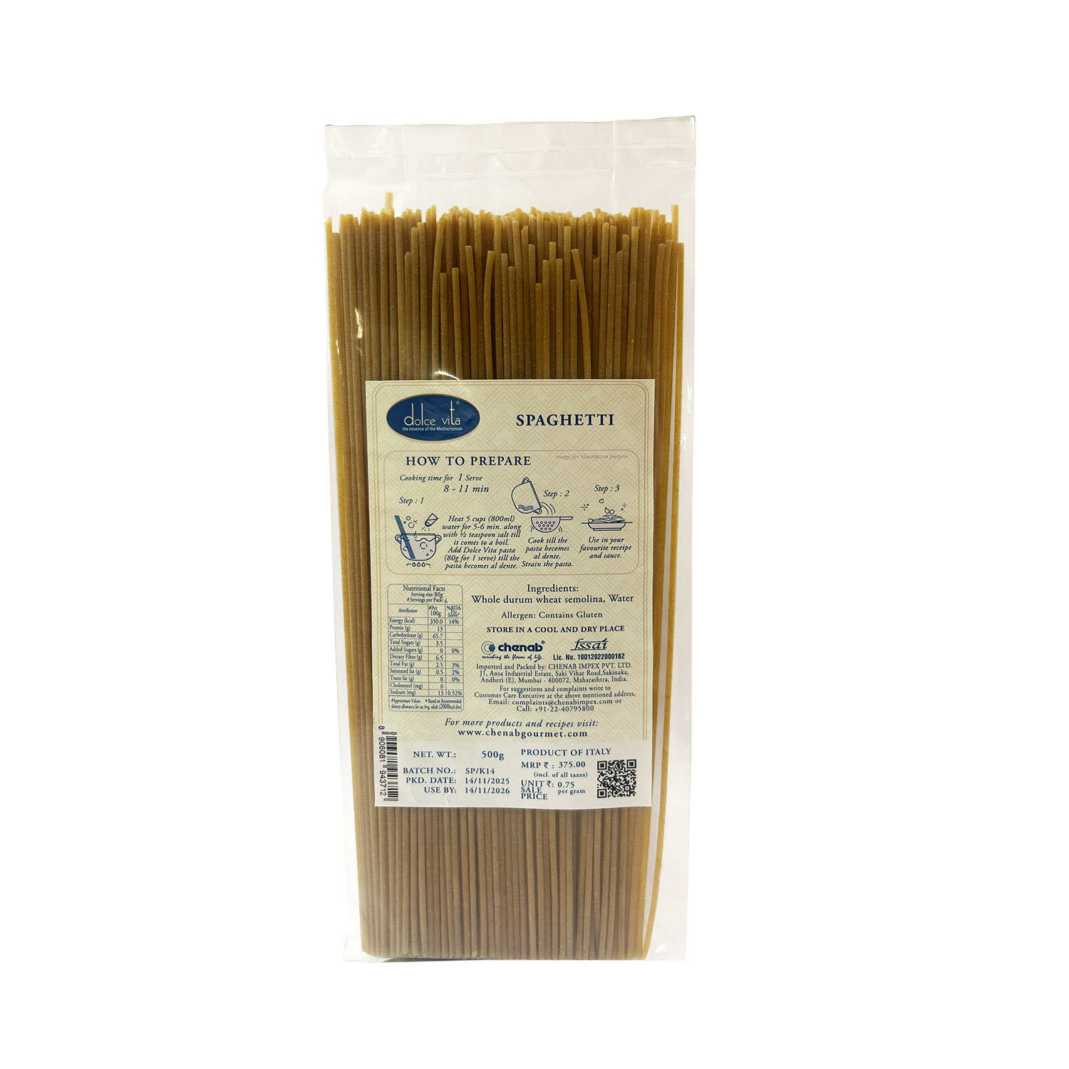 Dolce Vita Spaghetti Whole Durum Wheat Pasta 500g